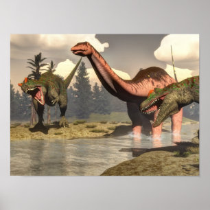 Allosaurus jagt großen Brontosaurus-Dinosaurier Poster