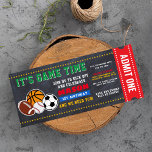 Allstar Sport Ticket Geburtstag Einladung<br><div class="desc">Feiern Sie Ihre Geburtstagsparty mit unserem Chalkboard All star Sport Geburtstagsparty Einladung. Das Design umfasst Fußball,  Basketball,  American Football,  Baseball,  Rugby-Illustration mit bearbeitbarem "Es ist eine Spielzeit,  begleiten uns zum Kick-off und feiern" in spielerischem Stil Text auf schwarzem Chalkboard-Hintergrund und lassen Sie sich ein Sportstadion Eintrittskarte Stil.</div>