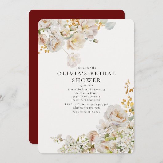 Allure - Weiße Rosen und Gipskraut Brautparty Einladung (Vorne/Hinten)