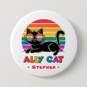 Ally Cat - Black Cat mit Rainbow Sunglasses LGBTQ Button