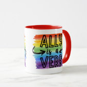 Ally ist ein Verb Rainbow Watercolor LGBTQ+ Pride Tasse (VorderseiteRechts)