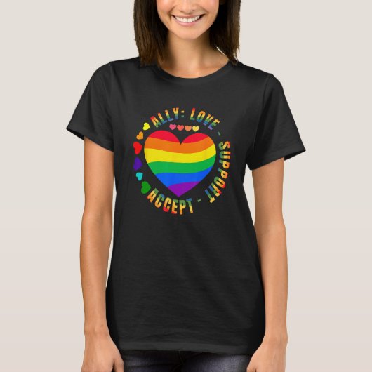 Ally Love Support Accept LGBTQ+ Rainbow Heart Gay T-Shirt (Vorderseite)