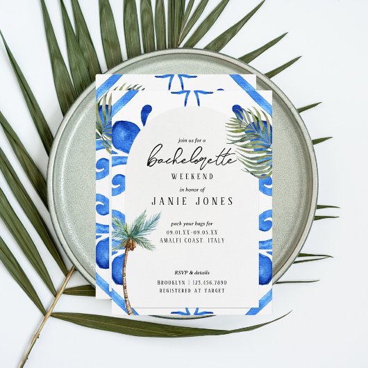 Almafi Vibes Blue Tile Junggeselinnen-Abschied Wee Einladung