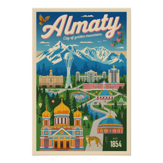 Almaty Kasachstan Retro-Reiseposter-Kunst Poster (Vorderseite)