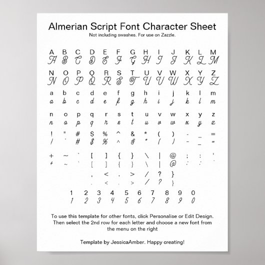Almerian Script Schriftart Character Sheet für Zaz Poster (Vorne)