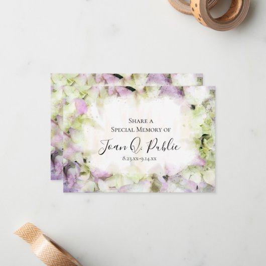Almost Pink Hydrangea Share a Memory Funeral Mitteilungskarte (Vorderseite/Rückseite Beispiel)