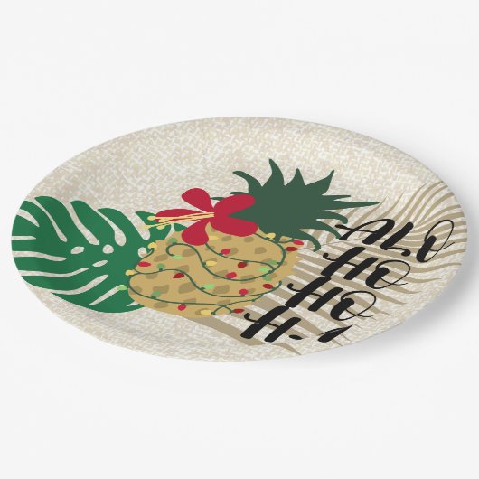 ALO-HO-HO-HA Hawaiianische Ananas Pappteller (Schrägansicht)