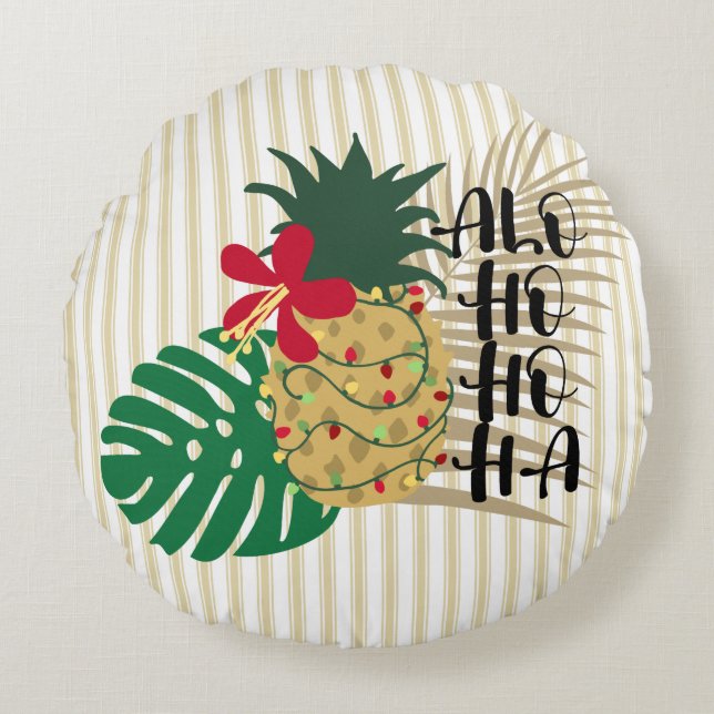 ALO-HO-HO-HA Hawaiianische Ananas Rundes Kissen (Vorderseite)