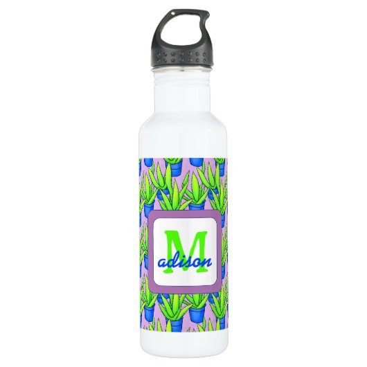 Aloe Vera Pflanze Muster Mit Monogramm Edelstahlflasche (Vorderseite)