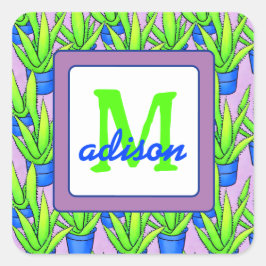 Aloe Vera Pflanze Muster Mit Monogramm Quadratischer Aufkleber