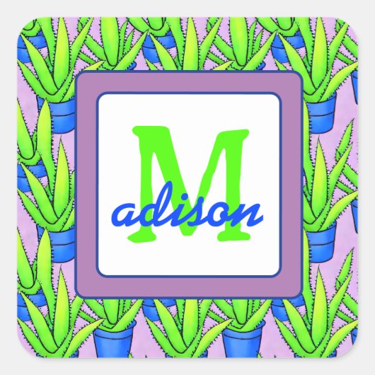 Aloe Vera Pflanze Muster Mit Monogramm Quadratischer Aufkleber (Vorderseite)
