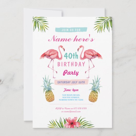 Aloha 40. Geburtstag Party Einladung Flamingo Trop (Vorderseite)