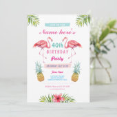 Aloha 40. Geburtstag Party Einladung Flamingo Trop (Stehend Vorderseite)