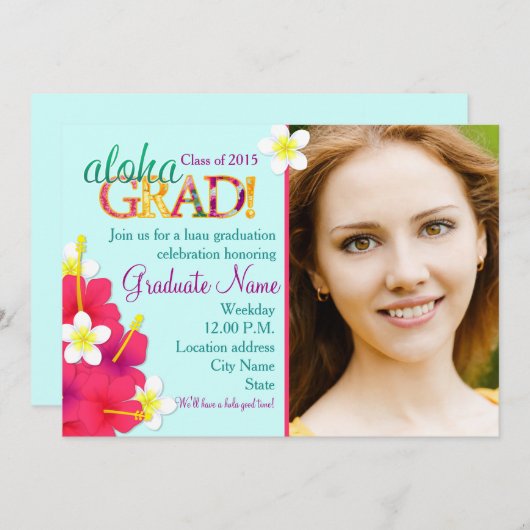 Aloha ABSOLVENT Abschluss Luau BlumenParty Einladung (Vorne/Hinten)