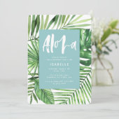 Aloha aquamarines tropisches Palmenblatt & Drehbuc Save The Date (Stehend Vorderseite)