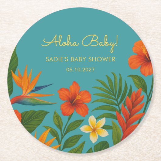 Aloha Baby! Chic Tropical Baby Shower Runder Pappuntersetzer (Vorderseite)