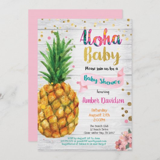 Aloha Baby Dusche Einladung - Sommer tropisch (Vorne/Hinten)