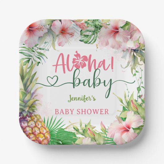 Aloha Baby Dusche Tropical Luau Girl Pink Pappteller (Vorderseite)
