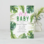 ALOHA BABY Dusche Tropische Blätter Rosa & Grün Einladung (Stehend Vorderseite)