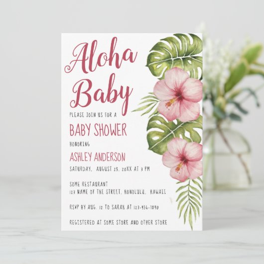 Aloha Baby Dusche tropische Flora Wasserfarbe Rosa Einladung (Stehend Vorderseite)