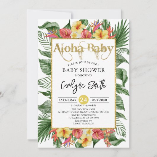 Aloha Baby Gold Tropical Baby Dusche Einladung (Vorderseite)