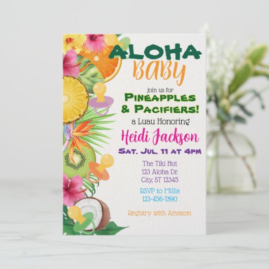 Aloha Baby, Pineapples & Pacifiers Baby Shower Einladung (Stehend Vorderseite)