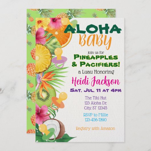 Aloha Baby, Pineapples & Pacifiers Baby Shower Einladung (Vorne/Hinten)