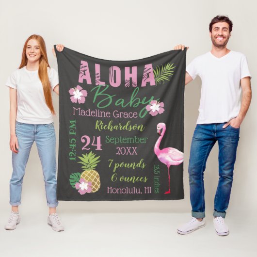 Aloha Baby Pink & Green Tropical Baby Birth Stats Fleecedecke (Beispiel)