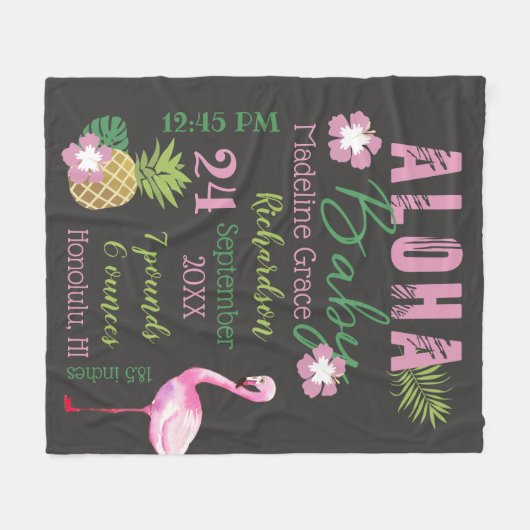 Aloha Baby Pink & Green Tropical Baby Birth Stats Fleecedecke (Vorderseite (Horizontal))