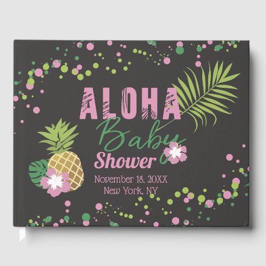 Aloha Baby Pink & Green Tropical Girl Baby Dusche Gästebuch (Vorderseite)