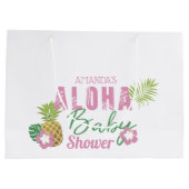 Aloha Baby Pink & Green Tropical Girl Baby Dusche Große Geschenktüte (Rückseite)