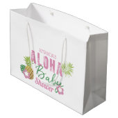 Aloha Baby Pink & Green Tropical Girl Baby Dusche Große Geschenktüte (Rückseite Schrägansicht)