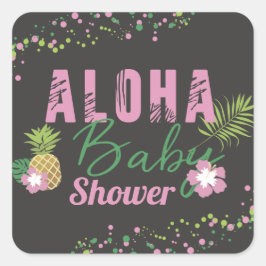 Aloha Baby Pink & Green Tropical Girl Baby Dusche Quadratischer Aufkleber