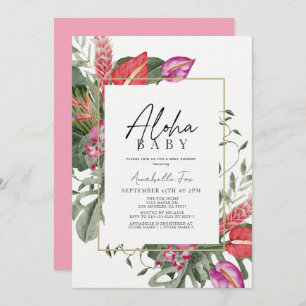 Aloha Baby Pink & Red Tropical Floral Baby Dusche Einladung