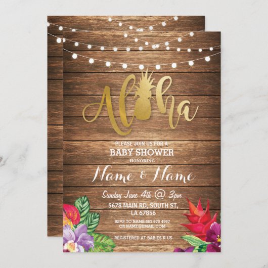 Aloha Baby Shower Ananas Girl Boy Wood Invite Einladung (Vorne/Hinten)