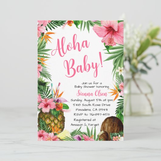 Aloha Baby Shower, Hawaiian Luau Einladung (Stehend Vorderseite)