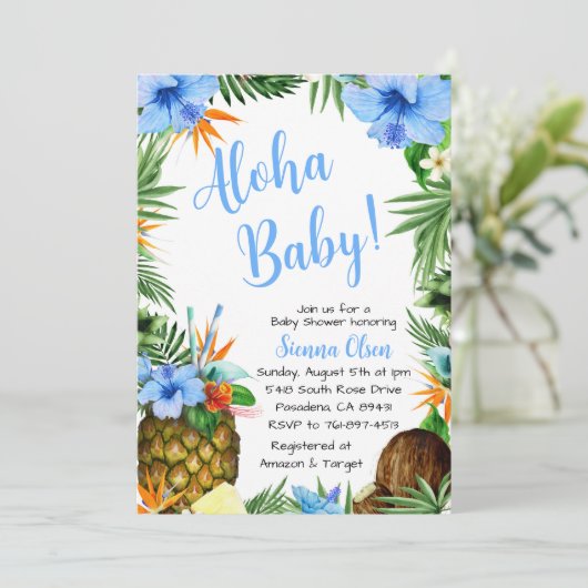 Aloha Baby Shower, Hawaiian Luau Einladung (Stehend Vorderseite)