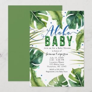ALOHA BABY Shower Tropische Blätter Blau Grün Einladung