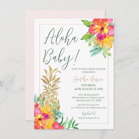 Aloha Baby Tropical Floral Ananas Dusche Einladung (Vorne/Hinten)