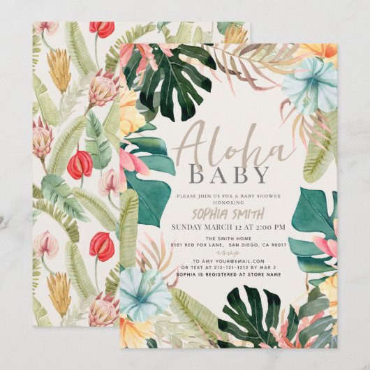 Aloha Baby Tropical Floral Baby Dusche Einladung (Vorne/Hinten)