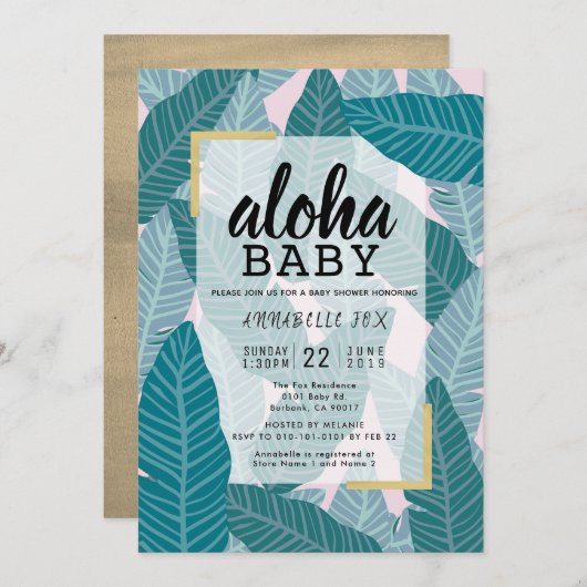 "Aloha Baby" Tropische Blätter Pink Baby Dusche Einladung (Vorne/Hinten)