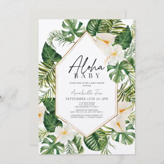 Aloha Baby White Tropical Floral Baby Dusche Einladung (Vorne/Hinten)