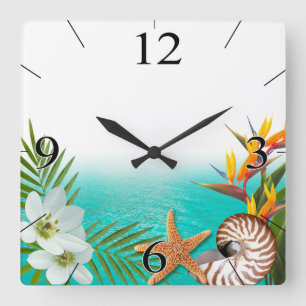 Aloha Beach Plumeria Frangipani Nautilus Quadratische Wanduhr