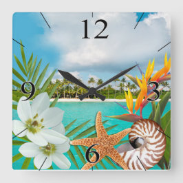 Aloha Beach Plumeria Frangipani Nautilus Quadratische Wanduhr