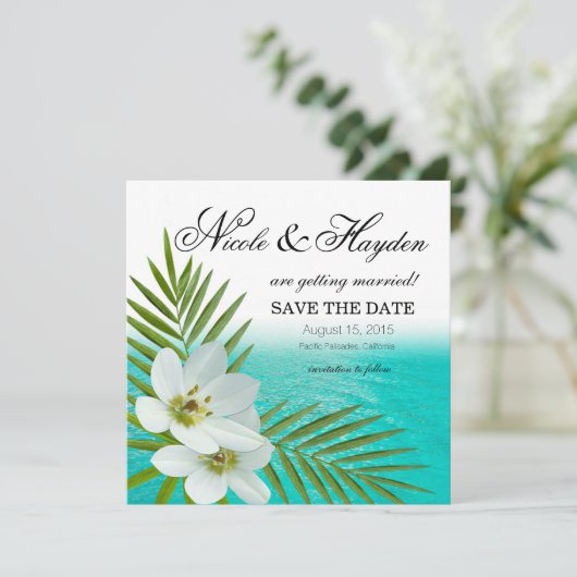 Aloha Beach Tropical Blume Save the Date Einladung (Stehend Vorderseite)