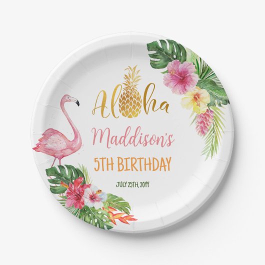 Aloha Birthday Ananas Tropischer Flamingo Pappteller (Vorderseite)