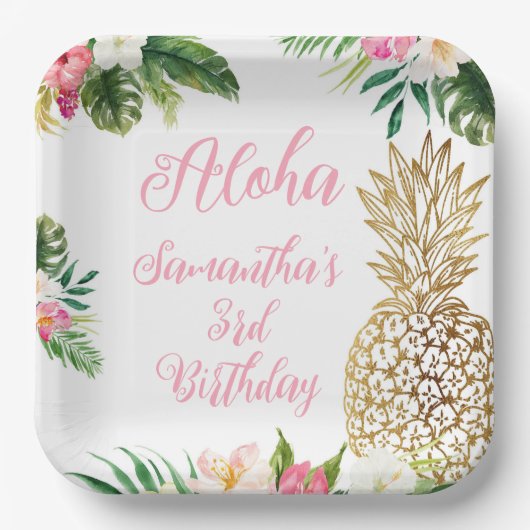 Aloha Birthday Luau Hawaiian Gold Ananas Pappteller (Vorderseite)