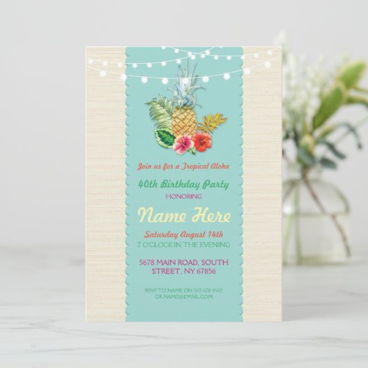 Aloha Birthday Party Aqua Aloha Ananas Einladung (Stehend Vorderseite)