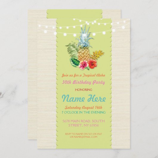 Aloha Birthday Party Luau Aloha Ananas Einladung (Vorne/Hinten)