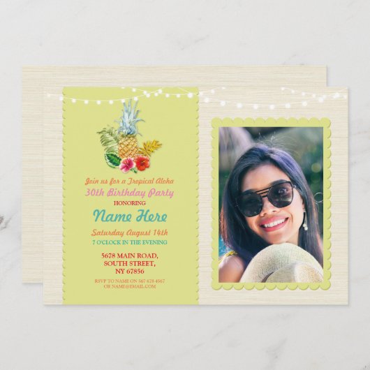 Aloha Birthday Party Luau Tropisches Ananas Foto Einladung (Vorne/Hinten)